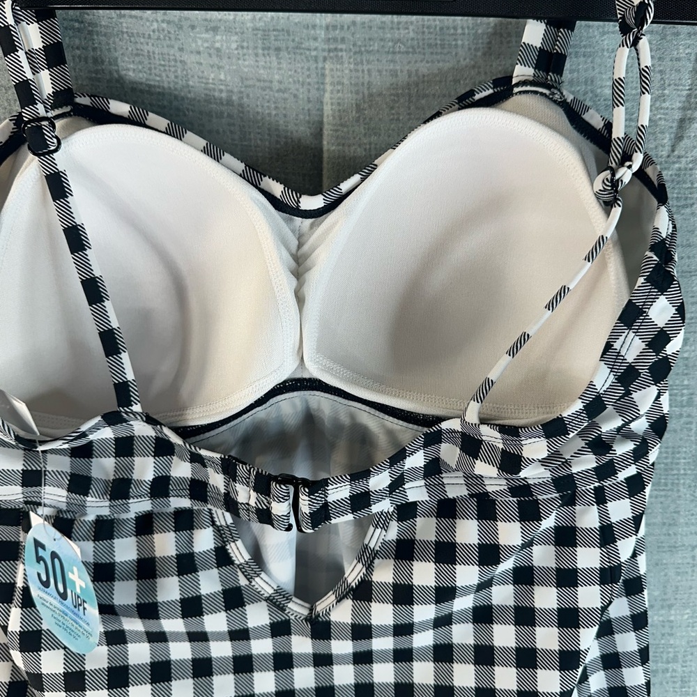Motherhood Maternity Beach Bump Tankini Swimsuit Set Gingham Black White UPF50 M - Picture 8 of 10